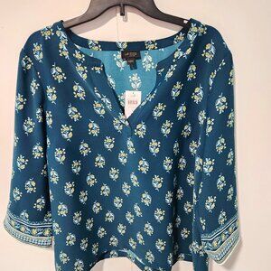 J.Jill Wearever Collection NEW Teal Gold Floral Bordered Top Tunic- Large